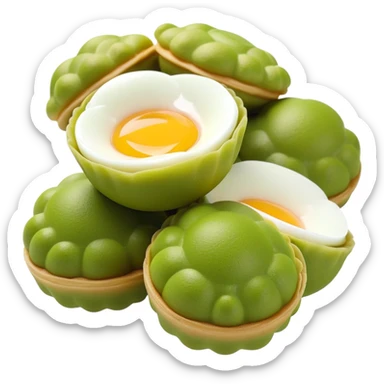 3D rendered matcha green Hong Kong egg puffs (鸡蛋仔) with authentic egg-shaped bubble pattern, vibrant green color, hyper-realistic texture, glossy finish, detailed individual bubbles sticker