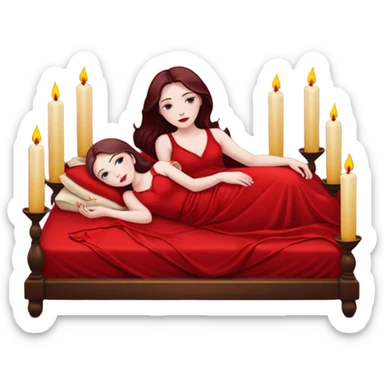 Low bed, red sheets, candles everywhere, woman reclining in shadowed control sticker
