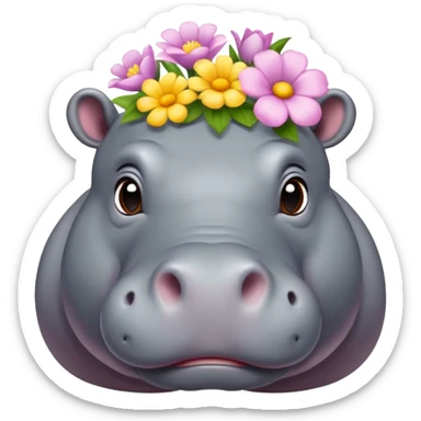 A hippo with flowers on its head sticker