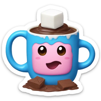 Marshmallow with hot chocolate in a blue and pink mug sticker
