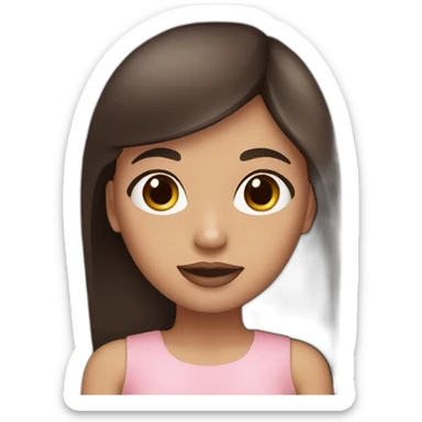 A girl with brown eyes, long straight brown hair, plump pink lips in a black dress sticker