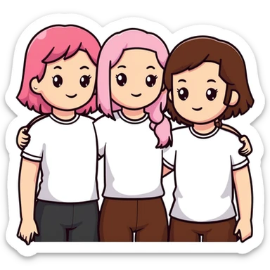 a black girl with dark brown hair next to a white girl with pink hair and a white girl with brown hair sticker