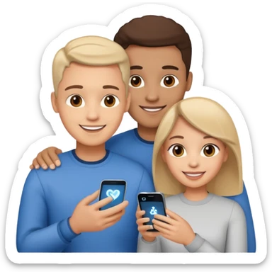 Generate a realistic emoji of a two people using a phone which shows artificial intelligence sticker