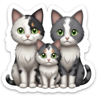 3 different coloured small cats including a dark grey and white, and a patchy calico with hazel eyes and a completely solid dark grey with green eyes and only white paws sticker