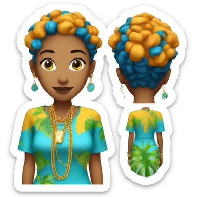 Person wearing funky tropical outfit collage with gold chain necklace and blue and ginger dyed hair sticker