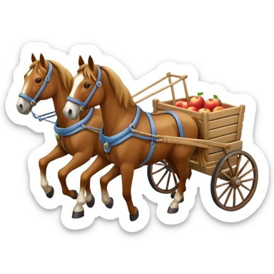 isometric two horses side by side pulling a cart, apple emoji style sticker