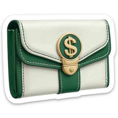 white wallet with dark green details, white dollar bills with dark green elements visible, no emojis sticker
