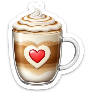 cappuccino glass mug with visible layers of coffee and milk, topped with foam emoji sticker