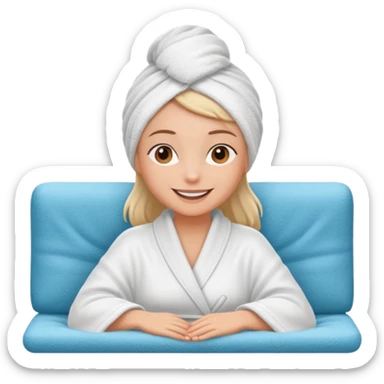 spa A contented and relaxed girl with a towel on her head in a white robe lies on a couch sticker
