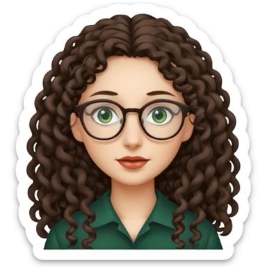 rapariga, olhos verdes escuros, cara comprida, cabelos muito compridos aos caracóis, com óculos sticker