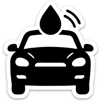 solid icon of a full luxury vehicle with glossy black mirror paint, strong shine and reflections, water droplet sliding on the surface, minimal repellent effect with lines, elegant and minimal sticker