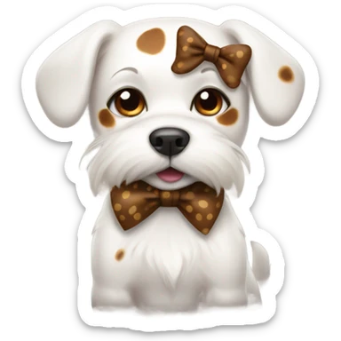 White dog with brown spots with a bow sticker