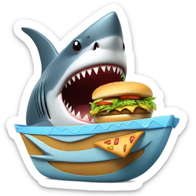 A shark with a hat in a boat eating a hamburger happy sticker