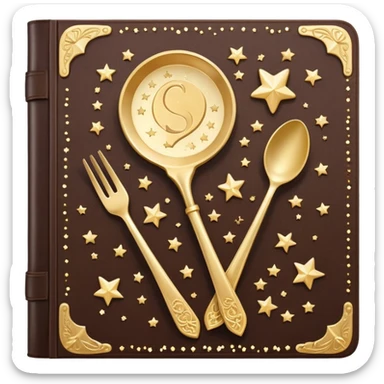 Magical glowing cookbook with a sparkling fork and spoon symbol on the cover, surrounded by tiny stars and magical sparkles sticker