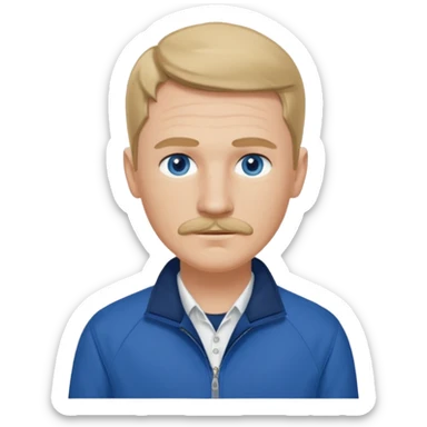 Coach Heider from Mysterious Skin with blue eyes, dark blonde hair and thin mustache, dark blue shirt, white jacket sticker