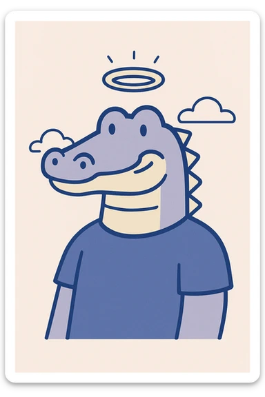 2D illustration of a friendly alligator with a glowing halo above its head, simple background sticker