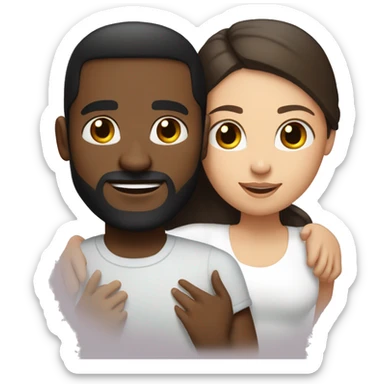 light skin woman with very long straight brown hair hugging black man with very short dark hair and a long dark beard wearing a white tshirt sticker