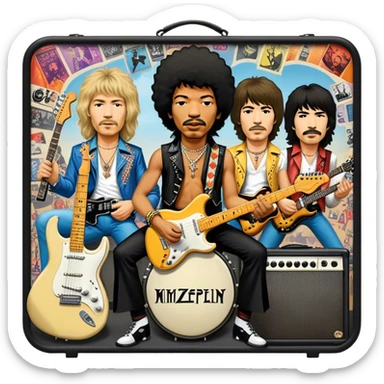 Rock music icon: powerful stage with electric guitars, drums, and amplifiers. Collage of rock icons—Jimi Hendrix, Led Zeppelin, Nirvana, and The Rolling Stones—symbolizing the energy and rebellion of rock. Transparent background. sticker