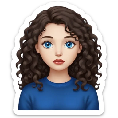 girl with long, lush, lightly curly dark brown hair, big lips and blue eyes, black sweater sticker