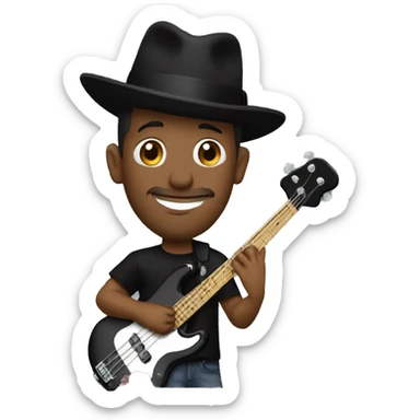 Marcus Miller playing bass guitar, with porkpie hat sticker