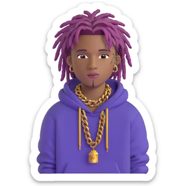 Juice WRLD with purple dreadlocks, designer hoodie, gold chains, and signature style sticker