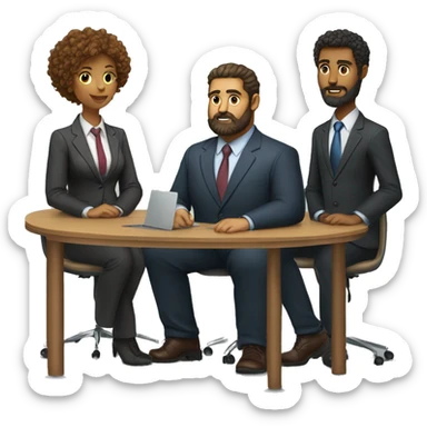 work meeting table 3 men and 4 women sitting on a table wearing suits the women have curly hair and one of the men is fat with a beard and of them is tanned with curly hair sticker