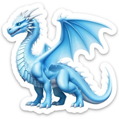 Cinematic Noble wise elegant Ice Dragon full body  Emoji, Poised and imposing, distinct long elegant snout, with a slender, scaled body shimmering in glacial hues of icy blue, frostbitten silver, and crystalline white, breathing out frost, with piercing, glowing ice blue white eyes that radiate the chilling depths of an arctic storm; rendered in detail. excuding wisdom sticker