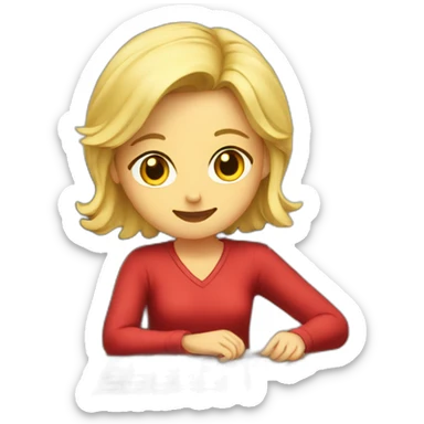 Girl, blonde hair, wearing red shirt, sitting at a black desk, wrapping chocolate candies sticker