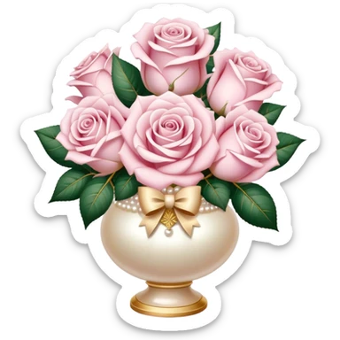 Realistic aesthetic three powder pink and three white rose bouquet  in a pearl vintage vase and a beige bow with gold decoration  sticker