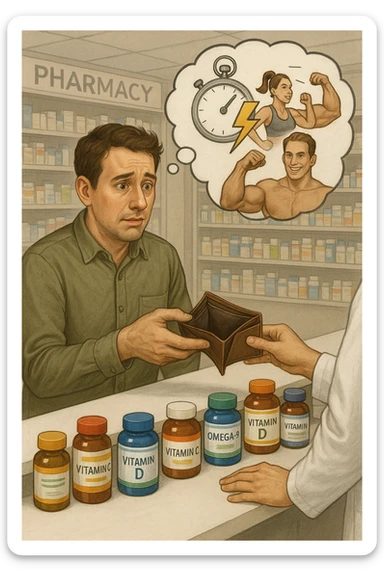 a man stands at a pharmacy counter, handing over a nearly empty wallet to the cashier while the counter is filled with bottles of supplements and vitamins. His expression is hopeful but slightly anxious. In the background, a thought bubble shows exaggerated images of instant health and fitness, symbolizing unrealistic expectations.  sticker