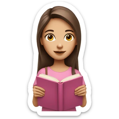 girl with fair skin and long brown hair holding a closed pink book sticker