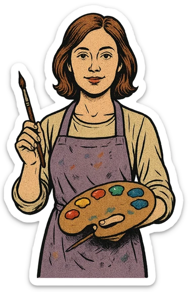 Serene female oil painter, Caucasian features, shoulder-length auburn hair, soft brown eyes, gentle smile, wearing a violet painter’s apron lightly stained with paint over a beige blouse, holding a wooden palette with vibrant colors in one hand and a brush in the other, waist-up, front-facing sticker