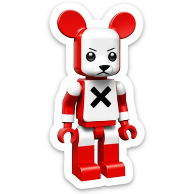 Lego bearbrick with X crosses for eyes, big ears, oversized boots, long limbs, exaggerated proportions, blocky Lego style sticker