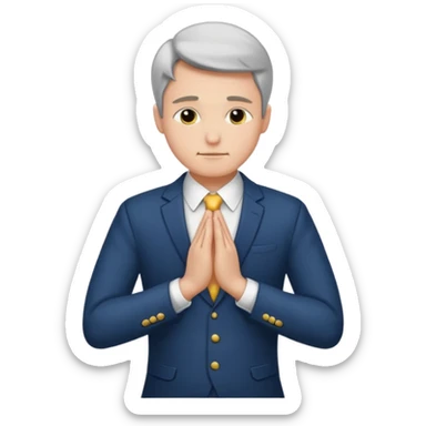 Man formally dressed, put both hands on top of navel and bows sticker