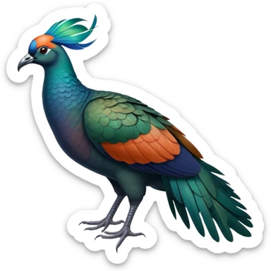 Nicobar pigeon with iridescent blue-green feathers, long neck feathers, bright orange beak, and white tail sticker