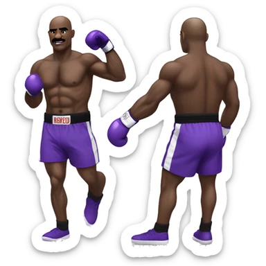 Evander Holyfield in his prime in boxing attire, purple shorts, with guard half up sticker