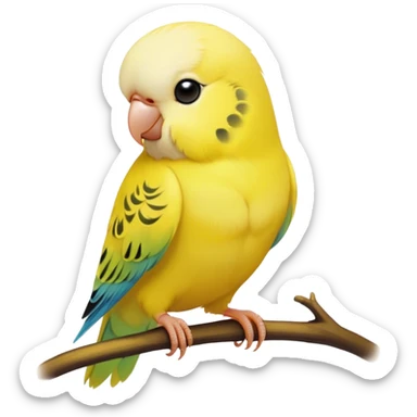 Cinematic Noble Yellow Budgie Portrait Emoji, Poised and regal, with a petite, delicate build and a smooth, well-groomed fur of brilliant yellow feathers, deep-set soulful dark eyes, Simplified yet sharp and sophisticated features, highly detailed, glowing with a soft, dignified glow, high shine, intelligent and charming, stylized with an air of elegance, focused and attentive, soft glowing outline, capturing the essence of a watchful and confident avian companion, so majestic it feels as though it could flutter out of the screen with effortless authority! sticker