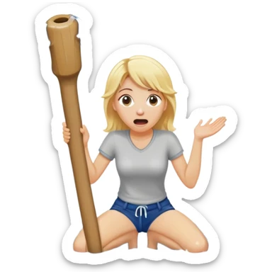 simple blond woman kneeling, surprised, big cartoon stick with D-shaped knob emerging from hanging pants, water splash into her mouth sticker