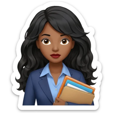A young woman with long black hair, a wavy frange falling on half of her head. There's a long wavy stretch of hair falling on the side of her head. She's black, medium to dark skinned with thick lips. She's holding folders, and she's a CEO, but she's wearing casual clothes. she has long eyelashes. sticker