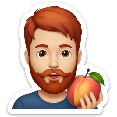 Dark haired Man with red beard licking peach sticker