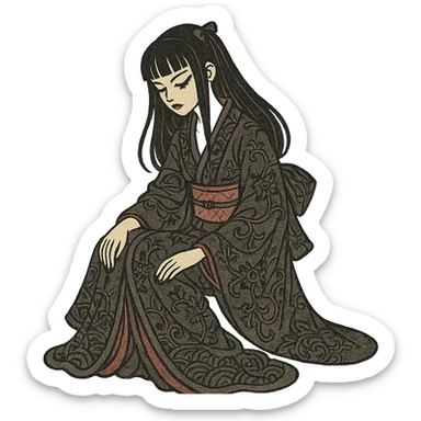 gothic girl, traditional Japanese print, gothic kimono, elegant pose, ukiyo-e style sticker