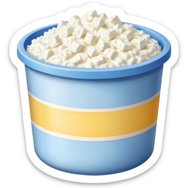 Cottage cheese in a container with a white stripe at top and bottom sticker