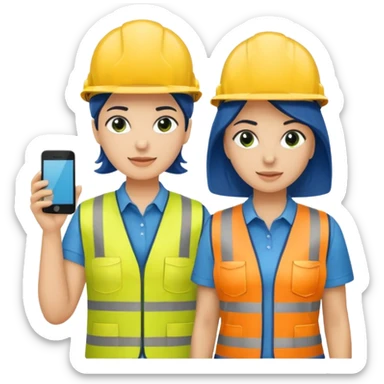 Um homem e uma mulher amarelos com capacete de obras ambos azul escuro e camisa social cinza com faixas refletivas verdes nos braços, Um deles deve estar segurando um megafone sticker