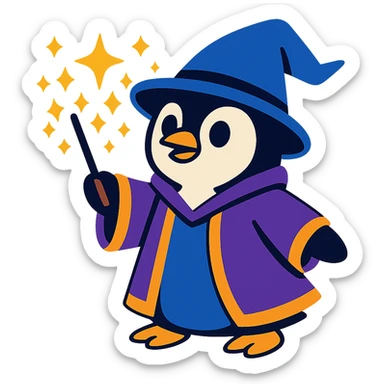 cute penguin wizard casting a spell, wearing a robe and holding a wand, magical sparkles around sticker
