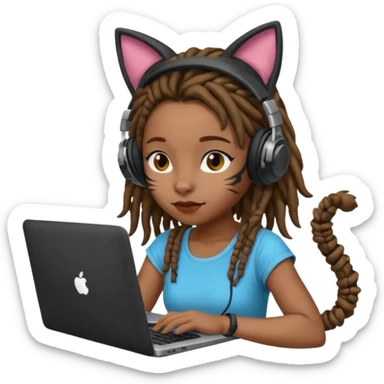black girl with dreads who works remotely through a laptop with cat ear headphones sticker