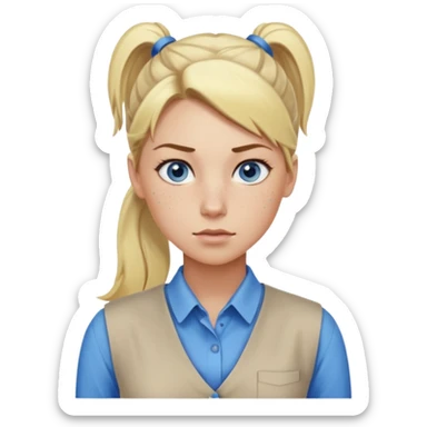 Just a head, blonde hair with lowlights in a ponytail, blue eyes, some freckles, a little older female ready to get some tasks done at work, no bod sticker