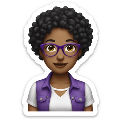 Girl with purple glasses, curly black hair, cute shirt and pant sticker