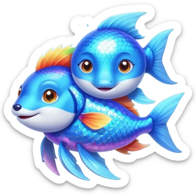 Make a pair of hugging or cuddling best friends: a rainbow fish glow with a magical aura and a vivid blue fox sticker