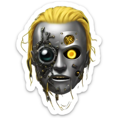 black metal male cyborg head with  one artificial eyeball, circuitry, goatee and dreaded yellow gold hair sticker