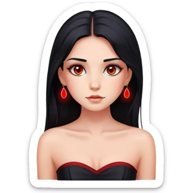 Girl with hazel eyes. Girl with black hair with red underlights and frontlights hair. Long hair. Black strapless crop top. Very elegant. Skinny face with birthmark under left cheek. Without jewerly. sticker